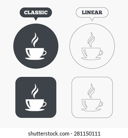 Coffee cup sign icon. Hot coffee button. Hot tea drink with steam. Classic and line web buttons. Circles and squares. Vector