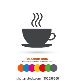 Coffee cup sign icon. Hot coffee button. Classic flat icon. Colored circles. Vector