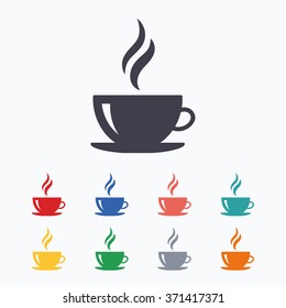 Coffee cup sign icon. Hot coffee button. Hot tea drink with steam. Colored flat icons on white background.