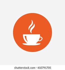 Coffee cup sign icon. Hot coffee button. Hot tea drink with steam. Orange circle button with icon. Vector