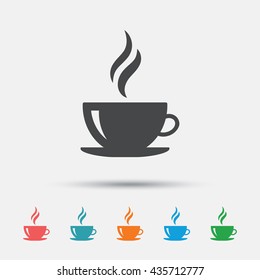 Coffee cup sign icon. Hot coffee button. Hot tea drink with steam. Graphic element on white background. Colour clean flat coffee icons. Vector