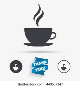 Coffee cup sign icon. Hot coffee button. Hot tea drink with steam. Flat icons. Buttons with icons. Thank you ribbon. Vector