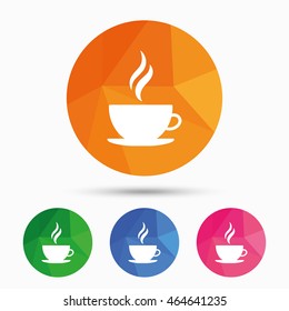 Coffee cup sign icon. Hot coffee button. Hot tea drink with steam. Triangular low poly button with flat icon. Vector