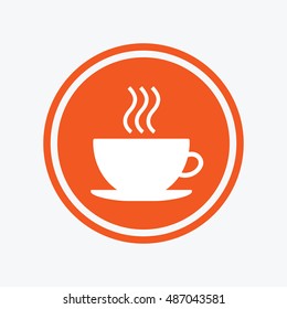 Coffee cup sign icon. Hot coffee button. Graphic design element. Flat coffee symbol on the round button. Vector