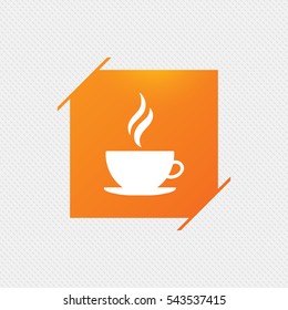 Coffee cup sign icon. Hot coffee button. Hot tea drink with steam. Orange square label on pattern. Vector