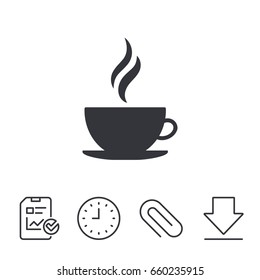 Coffee cup sign icon. Hot coffee button. Hot tea drink with steam. Report, Time and Download line signs. Paper Clip linear icon. Vector