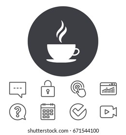 Coffee cup sign icon. Hot coffee button. Hot tea drink with steam. Calendar, Locker and Speech bubble line signs. Video camera, Statistics and Question icons. Vector