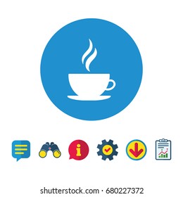 Coffee cup sign icon. Hot coffee button. Hot tea drink with steam. Information, Report and Speech bubble signs. Binoculars, Service and Download icons. Vector