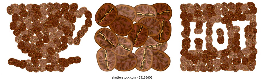 Coffee cup and sign made of coffee seeds on the white, vector illustration