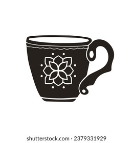 coffee cup silhouette. black and white colors. Hand Drawn coffee cup isolated on white background. cartoon vector illustration. Black silhouette cup of coffee. Tea cup silhouette.