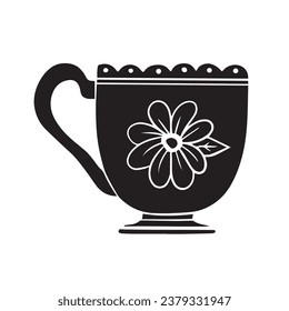 coffee cup silhouette. black and white colors. Hand Drawn coffee cup isolated on white background. cartoon vector illustration. Black silhouette cup of coffee. Tea cup silhouette.