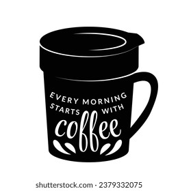 coffee cup silhouette. black and white colors. Hand Drawn coffee cup isolated on white background. cartoon vector illustration. Black silhouette cup of coffee. Tea cup silhouette.
