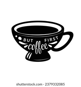 coffee cup silhouette. black and white colors. Hand Drawn coffee cup isolated on white background. cartoon vector illustration. Black silhouette cup of coffee. Tea cup silhouette.