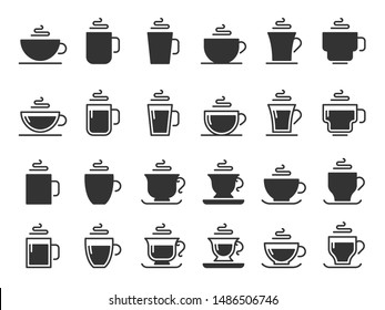 Coffee cup silhouette icons. Hot drinks cups, mug black stencil icon. Barista cup collection, black coffee beverage logo or cappuccino and espresso drink utensil. Isolated vector symbols set