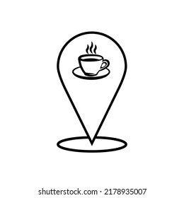Coffee cup silhouette isolated on white background. Vector illustration of a coffee drink. Card pin with a picture of a coffee cup. Location point of coffee shop, restaurant, cafe, bar, drinks