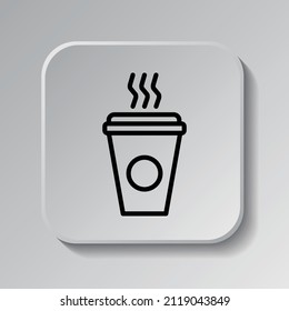 Coffee cup simple icon vector. Flat desing. Black icon on square button with shadow. Grey background.ai