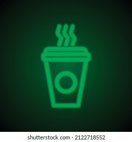 Coffee cup simple icon vector. Flat desing. Green neon on black background with green light.ai