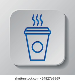 Coffee cup simple icon vector. Flat design. Paper cut design. Cutted blue symbol with shadow. Gray badge button, gray background.ai