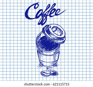 Coffee cup with sing on copybook background. Free hand drawn. Vector illustration. 