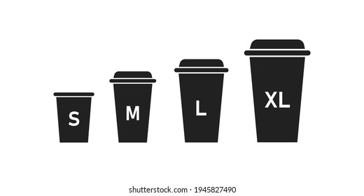 Coffee, cup size icon set. Paper, cafe design logo. Latte, small, medium, large, xl, mockup sign in vector flat style