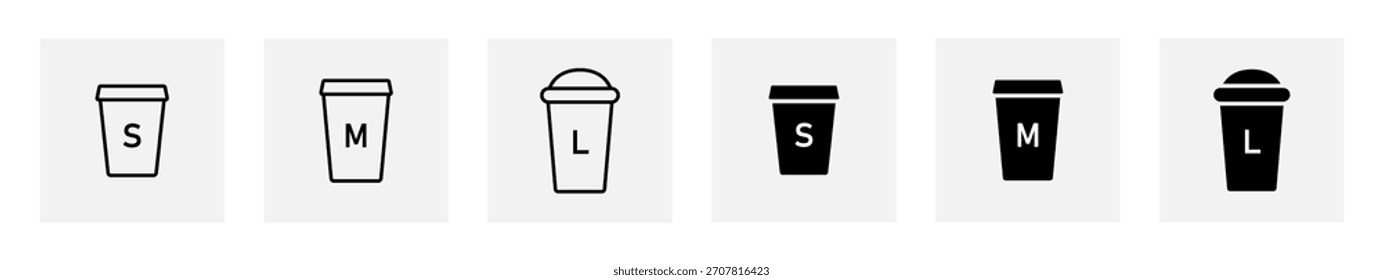 Conjunto de iconos de tamaño de taza de café. Pequeños, Medianos y Grandes envases de bebidas con tapas minimalistas Ilustración vectorial. Marcadores de tamaño de bebida de café para el signo de menús. Símbolo del indicador del tamaño de la bebida para llevar caliente.