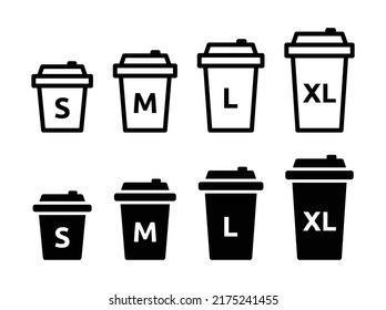 Coffee cup size icon vector set. S, M, L and XL sizes for cappuccino symbol illustration.