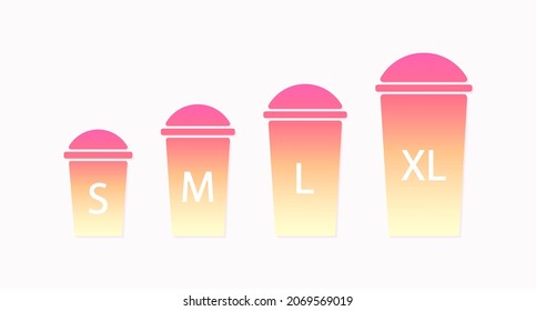 Coffee Cup Size Icons Set. Cafe Cups Design Logo In Bright Gradient. Small, Medium, Large, Very Large. Vector Illustration 