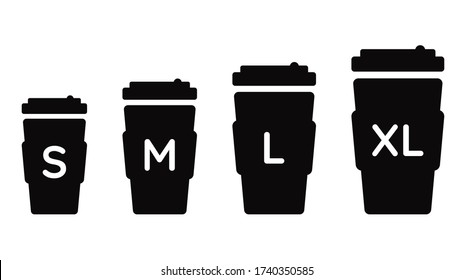 Coffee cup size S M L XL. Vector black illustration set