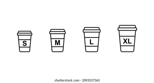 Coffee cup size set. Small middle large and xl size for paper cups vector set. Coffee menu icons isolated on white background.