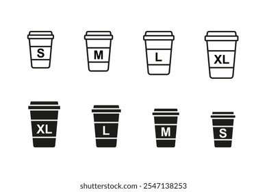 Coffee cup size set. Small middle large and xl size for paper cups vector set. Coffee menu icons isolated on white background.