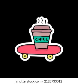 Coffee cup and skateboard illustration for t-shirt, sticker, or apparel merchandise. With doodle, retro, and cartoon style.