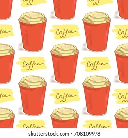 Coffee. Cup. Sketch. Background, wallpaper, seamless. Americano, espresso, cappuccino.