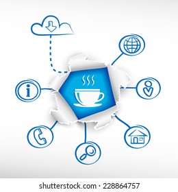 Coffee cup and sketch diagrams. Doodle vector illustration. Breakthrough paper hole.