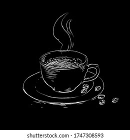 Coffee cup sketch drawing. Vector coffee drink clipart hand drawn vintage style illustration on black background