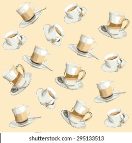 Coffee cup sketch realistic - latte, tea and capucino pattern for bar, cafe and restaurant