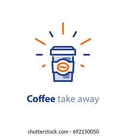 Coffee cup with sleeve, take away special offer, vector line icon