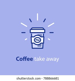 Coffee cup with sleeve, take away special offer, vector line icon