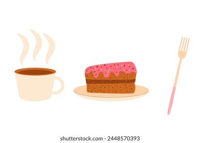 Coffee cup with slice of cake and fork. Sweet bakery piece with hot beverage. Pastry dessert with cream for breakfast.