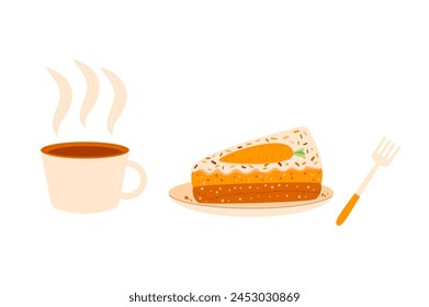 Coffee cup with slice of carrot cake and fork. Sweet bakery piece with hot beverage. Pastry dessert with cream for breakfast. Vector pie and drink flat illustration isolated on white background.