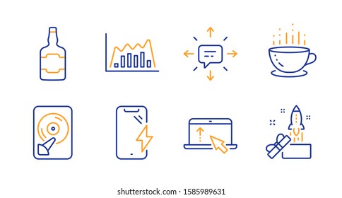 Coffee cup, Smartphone charging and Swipe up line icons set. Sms, Hdd and Whiskey bottle signs. Infographic graph, Innovation symbols. Hot drink, Phone battery. Business set. Vector