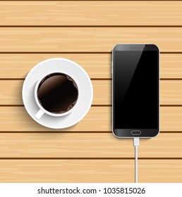 Coffee cup and smartphone on wooden table. top view. illustrator vector.