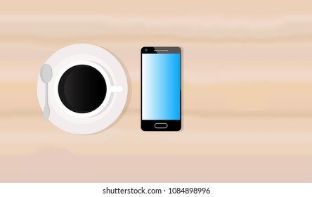 Coffee cup and smartphone on wooden background. Vector eps10.