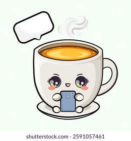 Coffee Cup with Smartphone. Playful Mug with Speech Bubble