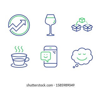 Coffee cup, Smile and Parcel shipping line icons set. Audit, Bordeaux glass and Speech bubble signs. Tea mug, Phone feedback, Send box. Arrow graph. Business set. Line coffee cup outline icons. Vector