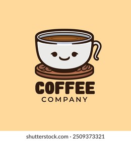Taza de café con el carácter sonriente de la historieta de la cara y el diseño lindo del Vector de la Plantilla del logotipo de la ilustración de la mascota
