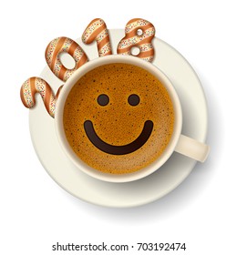 Coffee cup with smiling face on frothy surface. Cookies in form of digits are forming together a number 2018 on saucer, on white background. Good mood and vivacity in new year