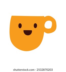 Coffee cup. Smiling. Happy character. Yellow color. Hand drawn design. Illustration. 