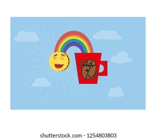 coffee cup with smiling sun biscuit and rainbow
