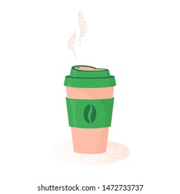 Coffee cup with smoke above, vector illustration in flat style with textured details, coffee to go, disposable cup with coffee bean icon, design for sign, menu, restaurant