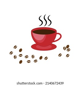 Coffee cup with smoke and coffee beans isolated on white background. Vector illustration. 